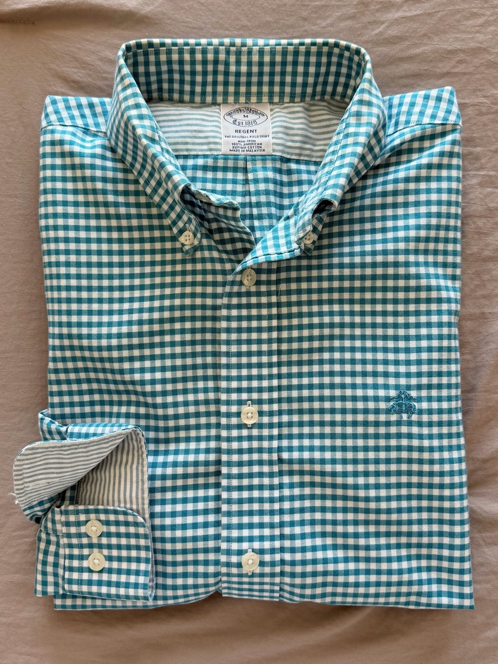 Brooks Brothers Teal and White Gingham Button-Down Shirt